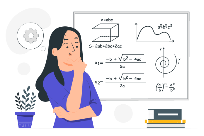 Illustriertes Mädchen überlegt vor einer Tafel mit Mathematikformeln